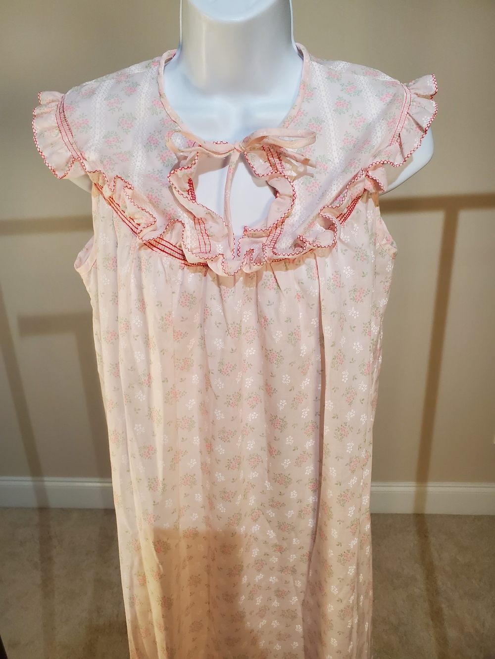 Vintage Sentiments Pink Floral Ruffle Sleeveless Nightgown Maxi 70s  Size Medium
